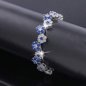 Pulsera de mujer de plata 925 con elegante flor y circonita azul, adecuada para boda, fiesta, vacaciones, uso diario, regalo para familia, amigos, Navidad, Halloween, San Valentín, cumpleaños - Caja de regalo