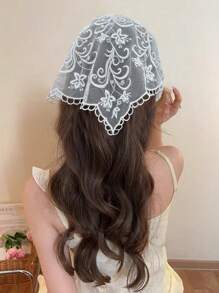 1pc White Knitted Flower & Mesh Pattern Triangle Scarf Headband Hair Band Turban Headband Sweatband