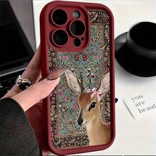1pc Wine Red Matte Gradient Geometric Cute Deer Pattern Phone Case, Compatible With IPhone 16 Pro Max, 15/14 Plus, 13, 12, 11 And Series Waterproof Shockproof Anti-Fall Scratch Resistant - Multicolor - View 1
