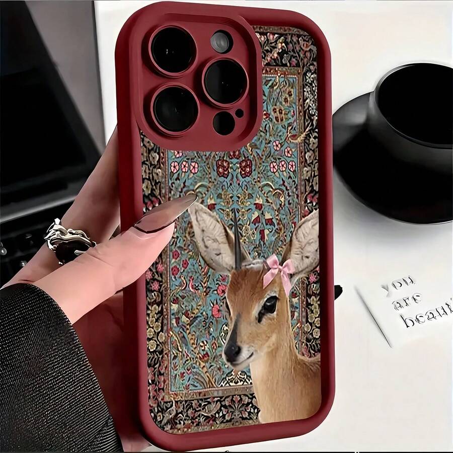 1pc Wine Red Matte Gradient Geometric Cute Deer Pattern Phone Case, Compatible With IPhone 16 Pro Max, 15/14 Plus, 13, 12, 11 And Series Waterproof Shockproof Anti-Fall Scratch Resistant - Multicolor - View 1