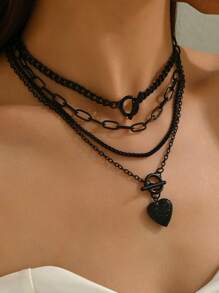 4pcs Fashionable Multilayer Necklace With Dark Metal Heart Pendant, Suitable For Women's Daily Wear, Party, Festivals, Special Occasions, Ideal For Holidays, Gifts, Women's Accessories, Halloween, Valentine's Day