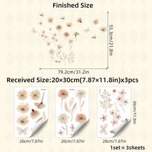 1 set/3 hojas/36 piezas, Pegatinas de pared de flores bohemias Acuarela para dormitorio, sala de estar, decoración del hogar - Adhesivos murales de PVC amigables y desmontables para decoración de la habitación