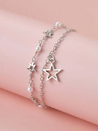 1 Peça Pulseira de Casal Artesanal com Camadas Múltiplas de Estrela Metálica e Sol, Pérola, Adequada para Uso Diário de Mulheres