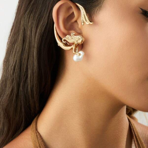 1 pièce Clip d'oreille simple de luxe en métal style ange sirène, faux perle pour un port quotidien, design esthétique chic