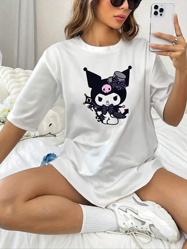 Sanrio Kuromi Cartoon Print Lounge T-Shirt For Women, White Loose Short Sleeve Top, Versatile Matching For Couples/Best Friends, Home Wear, Ideal Gift For Birthday, Valentine's Day, Christmas, Easter, Thanksgiving, Halloween ,Vacation