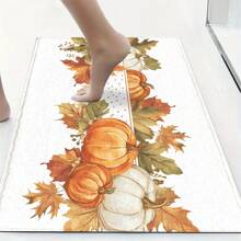 1pc Autumn Yellow Pumpkin & Maple Leaf Print Faux Wool TPR Base Entrance Mat, Bathroom Mat, Kitchen Mat, Laundry Room Mat, Holiday Atmosphere Decor, Home Decor, Party Decor, Wedding Decor, Dining Decor