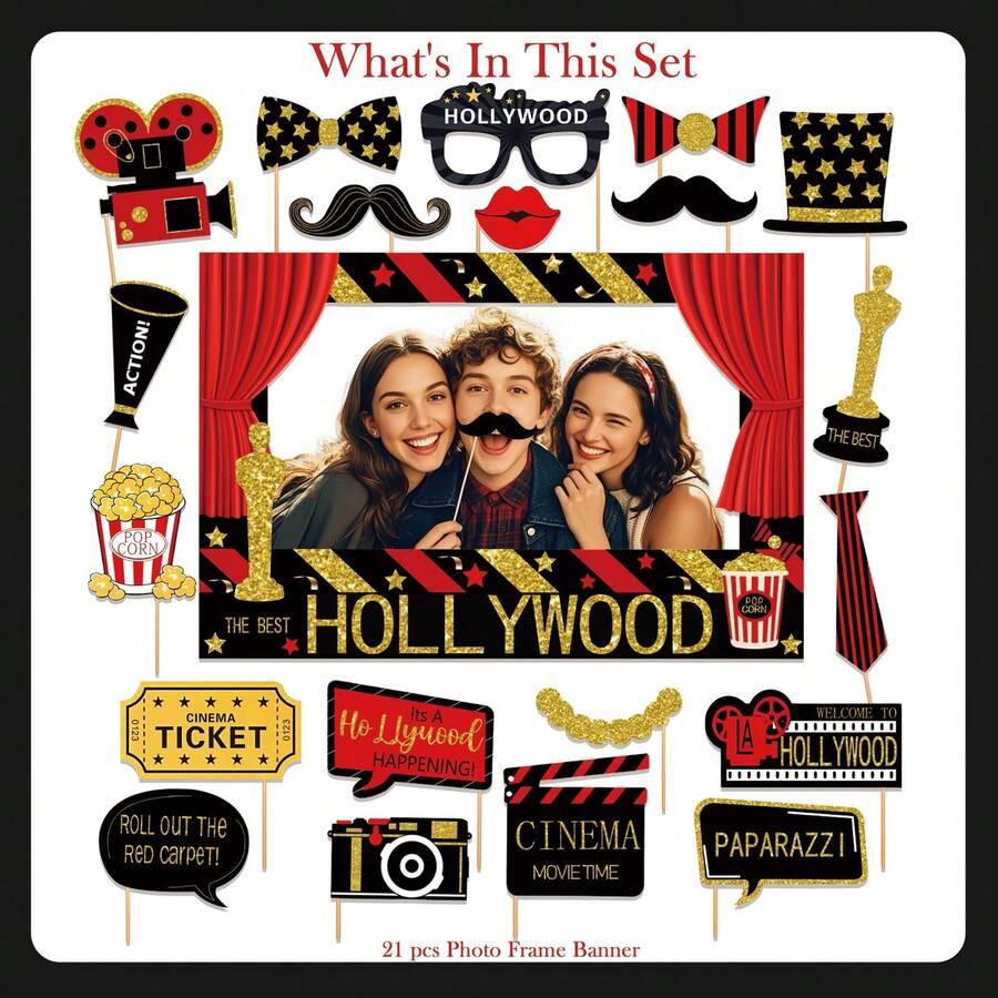 21pcs, Party Photo Booth Props, Movie Night Theme Party Props Set ...