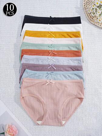 10pcs/Pack Teen Girls Solid Color Bow Spiral Stripe Panties, Comfortable Basic Sporty Casual Underwear