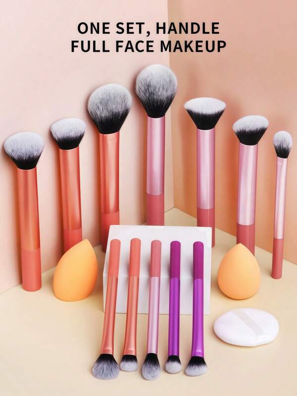 12pcs Multi-Functional Makeup Brush Set Including Powder Brush, Blush Brush, Foundation Brush, Eyeshadow Brush, Blending Brush, Contour Brush, Along With An Oblique Cut Makeup Sponge, Rounded Makeup Sponge, And White Powder Puff,Summer Style, Back To School Gift