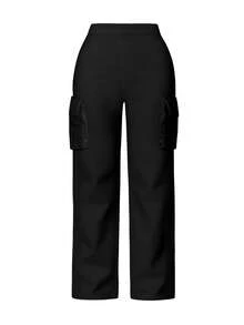 Women's Casual Solid Color Cargo Pants With Pockets, Fashion & Versatile, Suitable For Spring, Autumn & Winter - Black - View 4