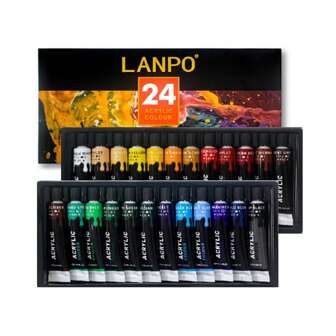 12/24 色丙烯颜料套装 - 高级艺术家颜料套装，部分产品附带画笔和调色板、0.4 盎司（12 毫升）管 - 多功能丙烯颜料，适用于 DIY 手绘墙面绘画，丙烯颜料不褪色，颜料丰富，12/24 色玻璃颜料套装