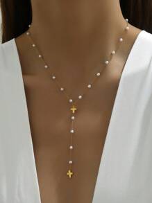 1pc 18K Gold Cross Pendant Faux Pearl Y-Shaped Necklace, Elegant & Minimalist Design For Women, Suitable For Daily & Business Casual Wear