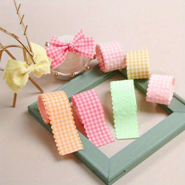 Wave Hem Macaron Color Plaid Ribbon With DIY Bow, For Baking, Flowers, Fashion Decoration, Summer