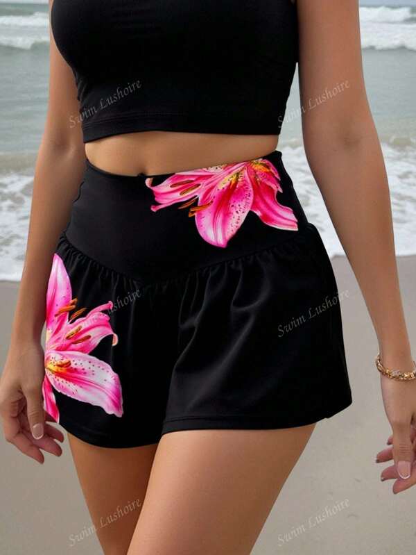 Swim Lushoire Women's Loose Lily Flower Printed Pocket Beach Shorts, Suitable For Summer Vacation