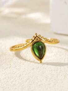 1 peça de anéis de zircônia verde com gota d'água para mulheres, cor dourada, aço inoxidável, geométrico, anel ajustável, joia estética para casamento, presente
