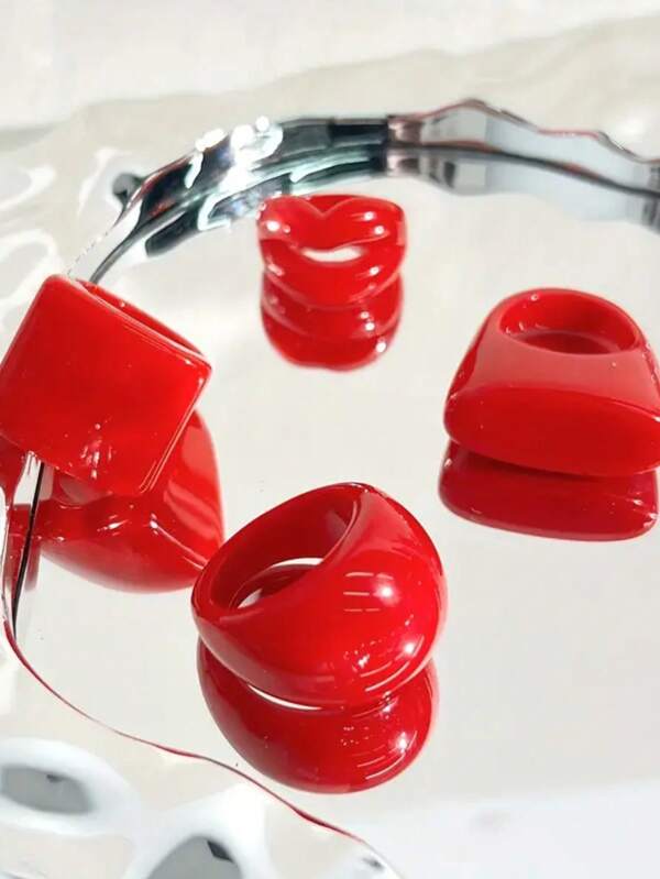 4pcs Fashionable Red Asymmetrical Geometric Pattern Rings, Versatile Accessory Suitable For Casual Gatherings