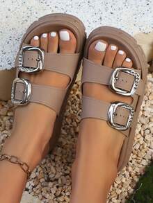 FZY 2026 New Women Summer Casual Sandals, Simple Fashion Thick Platform Lightweight Slippers, Buckle Decor High Heel Platform Thick Bottom Anti Anti-Odor Increased Height Beach Shoes Or Casual Wear At Home Or Commuting Sandals,Essential Easter Outfits - 卡其色 - 查看 4
