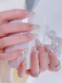 24 件长棺材风格按压指甲，华丽奢华的法式渐变珍珠美甲，蝴蝶水钻装饰，新娘假指甲，日式美甲风格，包括 1 件果冻凝胶和 1 个指甲锉，适合女孩和女士 - 彩色 - 查看 4