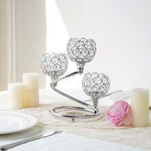 1 PC Gold/Silver Crystal Candle Holder - 3 Arm Elegant Centerpiece With Metal Base | Shining Tea Light Votive For Wedding, Anniversary, Table Decor - Multicolor - View 6