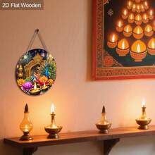 Colgante redondo de madera para Diwali con diseño de loto y pavo real, decoración del hogar para celebraciones festivas, decoración de restaurantes para festivales, idea de regalo de Diwali único