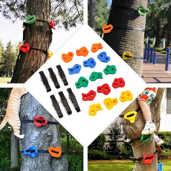 eusmeyusnt Klettergriffe, 15 Klettergriffe in verschiedenen Größen für Kinder, Klettergriffe für Felswände, Baumklettergriffe Set mit 6 Ratschengurte Ideal zum Klettern auf Rahmen Kletterhilfen für Kinder