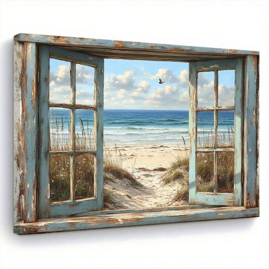 1pc Wooden Framed Canvas Painting - Beach View Through Rustic Window, Ready To Hang Al Wall Art With Wrapped Canvas Frame, Perfect For Living Room, Bedroom, Kitchen Decor - I Gift For Her Or Him, Beach Theme Decor - 藍色 - 查看 1