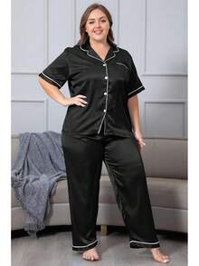 Vozanet Women's Plus Size Button Down Pajama Sets Satin Silky Short Sleeve Top & Pants Sleepwear Loungewear Nighty XL To 5XL - 白色 - 查看 8