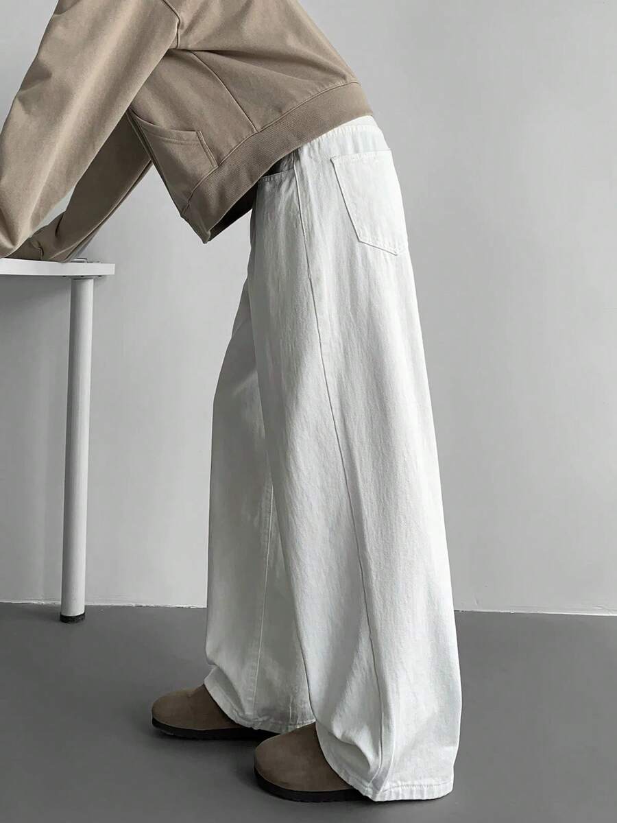 1pc Men's Casual Washed Straight Leg Jeans, Versatile And Comfortable For Commuting, Loose Fit Long Pants (No Belt Or Accessories) - White - View 1