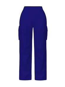 Women's Casual Solid Color Cargo Pants With Pockets, Versatile For Daily Wear, Spring/Autumn/Winter - Royal Blue - View 4