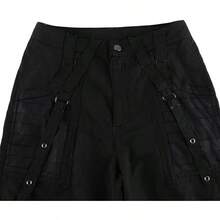 Women Vintage Goth Hop Jeans Punk High Waisted Baggy Bootcut Jeans Strap Chain Striped Wide Leg Pants - 黑色 - 查看 6