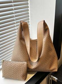 Bolso de hombro de mujer con forma de media luna tejido, bolso axilar de piel sintética con monedero