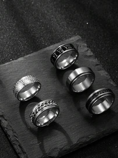 5件套不锈钢银色和黑色罗马浮雕戒指套装，适合男士日常佩戴