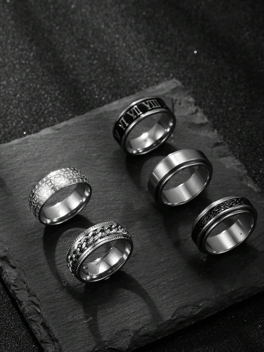 5件套不锈钢银色和黑色罗马浮雕戒指套装，适合男士日常佩戴 - 銀色 - 查看 1
