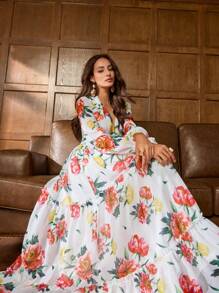 Faeriesty 印花优雅雪纺晚礼服，带有鲜艳的花卉印花、深 V 领口和多层裙摆 | 适合正式场合的浪漫优雅设计 | 非常适合婚宴、花园庆典和海滩婚礼