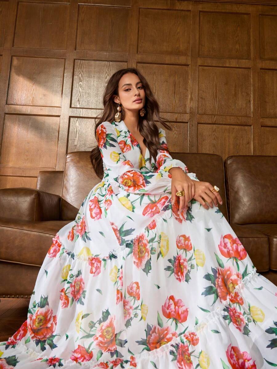 Faeriesty 印花优雅雪纺晚礼服，带有鲜艳的花卉印花、深 V 领口和多层裙摆 | 适合正式场合的浪漫优雅设计 | 非常适合婚宴、花园庆典和海滩婚礼