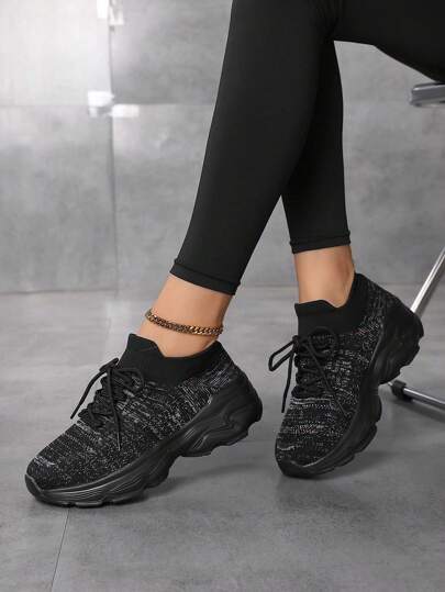 Zapatillas de running para mujer, de malla de punto, con suela gruesa y transpirable, de cordones, para primavera/otoño, tallas del 35 al 42