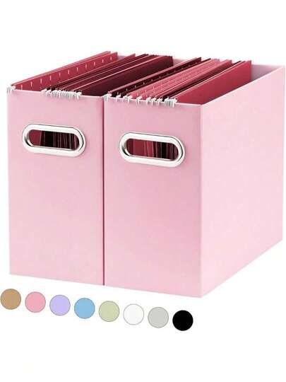 File Organizer, 2 Packs Small Storage Box, Cardboard File Folder Organizer, Collapsible File Box For Hanging File Folders Letter Size, Portable Filing Organizer With Handle(Pink)