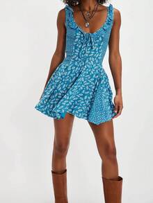 Womens Sleeveless V Neck Floral Boho Dress Ruffle Trim Back Tie Smocked Summer Beach Mini Flared Tank Dress - Màu xanh lam - Xem 4