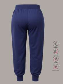 Plus Size Women Elastic Waist Drawstring Pockets Sport Pants, Loose & Comfy, Suitable For Fitness, Outdoor, & Casual Wear, All Season - Navy Blue - View 2