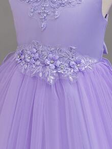 Váy công chúa sang trọng dài đuôi dài đính hạt ngọc trai không tay thanh lịch, váy dạ hội bồng bềnh lưới cho bé gái - Màu tím - Xem 5