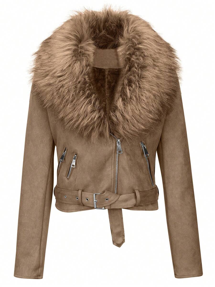 Chaqueta corta vintage para mujer con cuello de pelo sintético - para la temporada de frío, chaqueta de estilo motero de moda para mujer