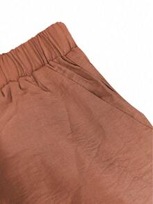 休闲纯色优雅 Polo 领衬衫开衫和松紧腰宽松裤两件套，适合春夏秋度假、通勤、日常穿着 - 棕色 - 查看 9