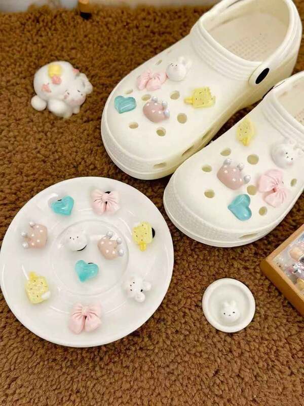 10pcs Colorful Cartoon Shoe Charms - 3D Bunny, Heart, Bowknot Cartoon Patterns, Dopamine Style, Cute, Sweet, Girly Plastic DIY Shoe Accessories. Easy To Install & Removable, Suitable For Sandals, Slippers. Perfect For Girls, Outdoor Parties, Festivals, Christmas, New Year, Spring, Summer & All Seasons. Ideal As Gifts.