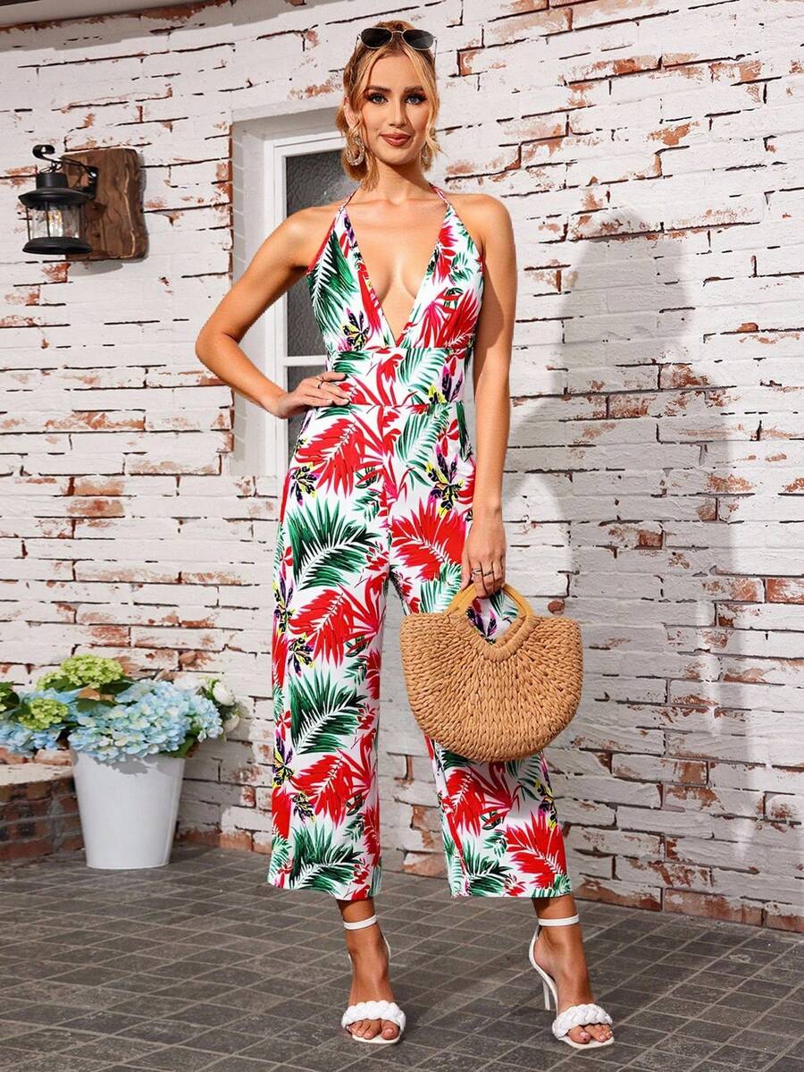 Mono De Pierna Ancha De Mujer Con Estampado Tropical,Mono De Cuello Halter De Espalda Abierta De Vacaciones Y Playa - Blanco - Ver 1