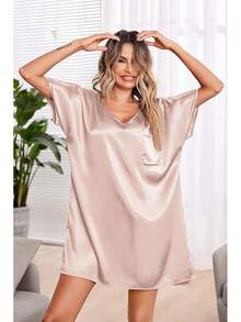 Women Satin Nightgowns Short Sleeve Silk Sleepwear Boyfriend Casual Dresses With Chest Pocket S-XXL - 香檳色 - 查看 3