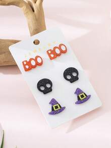 3 Cặp/Bộ Hoa tai đinh tán thiết kế đầu lâu và mũ phù thủy Halloween dành cho nữ, thích hợp để trang trí và đeo trong ngày lễ - Nhiều màu - Xem 3