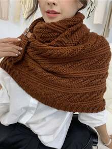 1 件女士保暖针织围巾，带流苏饰边和纽扣，披肩，米色，配饰，女士