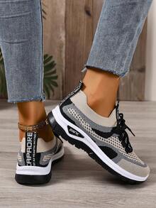 ZOSIVC Women's Breathable Mesh Sneakers, Comfortable Lace-Up Casual Shoes, Low-Top Sports Running Shoes - Beige - View 8