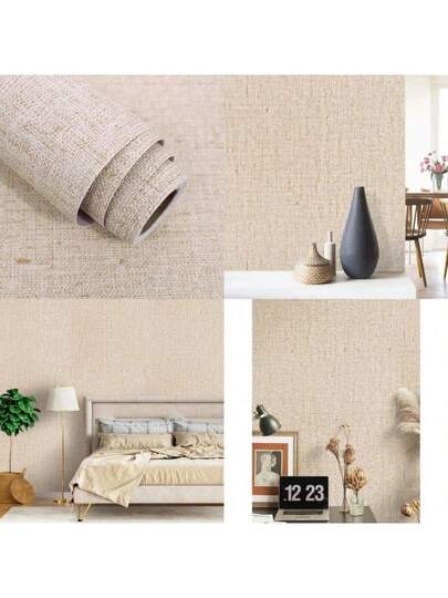 Roll Of Beige Grass Cloth Texture Contact Sticky Wallpaper, Artificial Linen Retro Paper, Self Adhesive Movable Vinyl Peel Stick Cabinet Bookcase Home ation, Background Wand DIY ation,Room ,Boho Paper Stickers Wallpaper Bathroom view 2