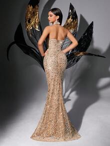 LUVISTRUE 闪亮优雅亮片派对高档晚礼服春夏串珠女式礼服，适合庆典、毕业舞会、晚宴、鸡尾酒会、红毯、生日派对，无袖露背露背拉链修身连衣裙